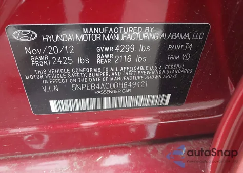 2013 Hyundai Sonata Gls из США, поврежденный, VIN 5NPEB4AC0DH649421